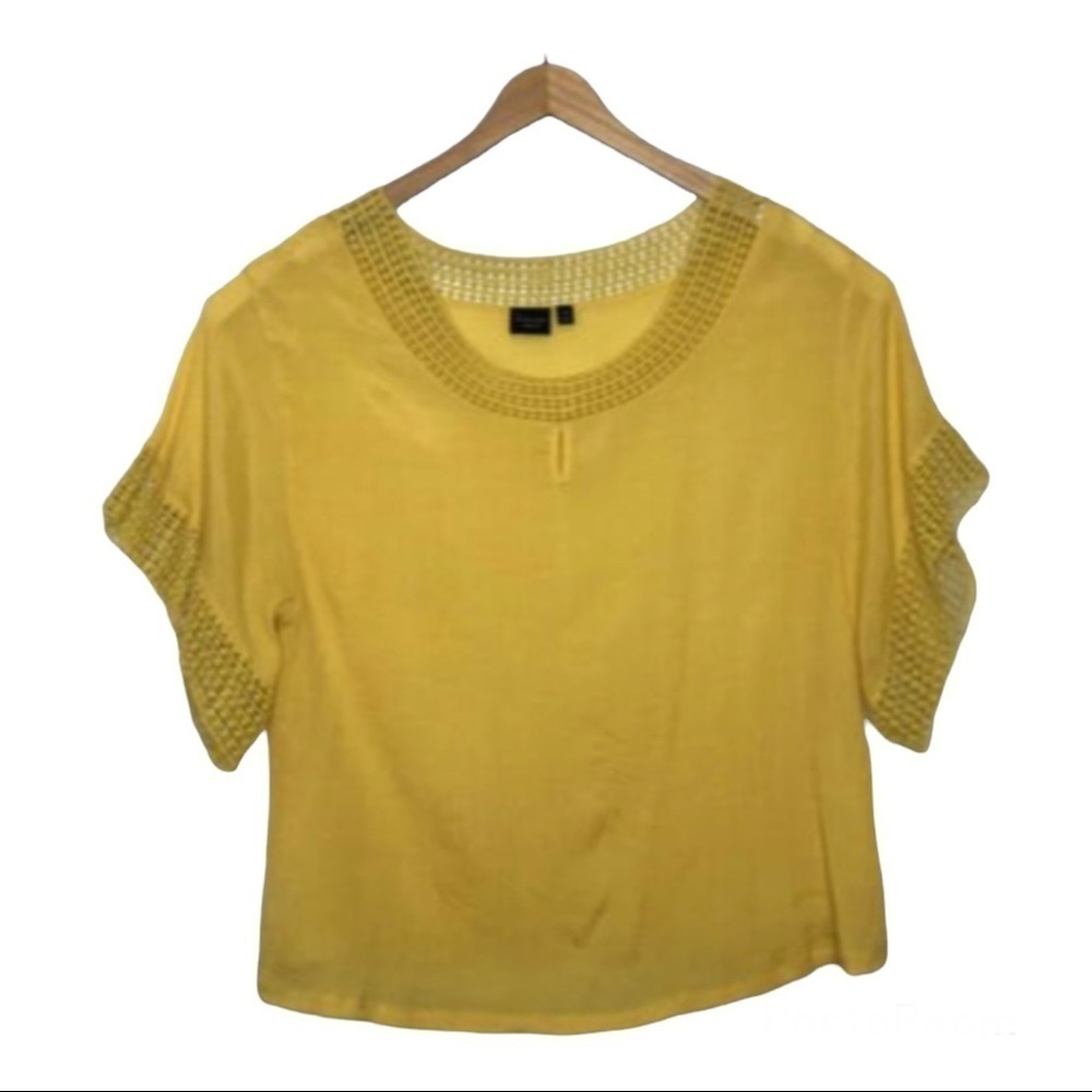 Lavanya Woman Pullover Top Sz 2X Crochet Neckline/Sleeves Stretch Yellow Boxy